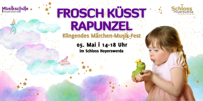 Mädchen mit Frosch, Wolken, Glitzer, Titel: Frosch küsst Rapunzel, 5. Mai von 14 bis 18 Uhr